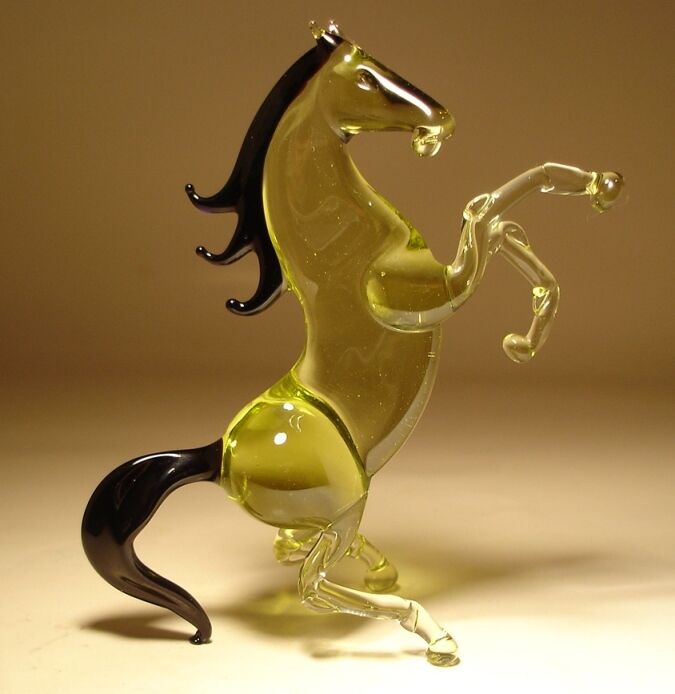 Blown Glass Figurine  "murano" Animal Rearing Amber Horse With Black Mane & Tail