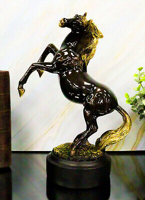 Western Black Beauty Rearing Horse In Bronze And Gold Resin Figurine With Base